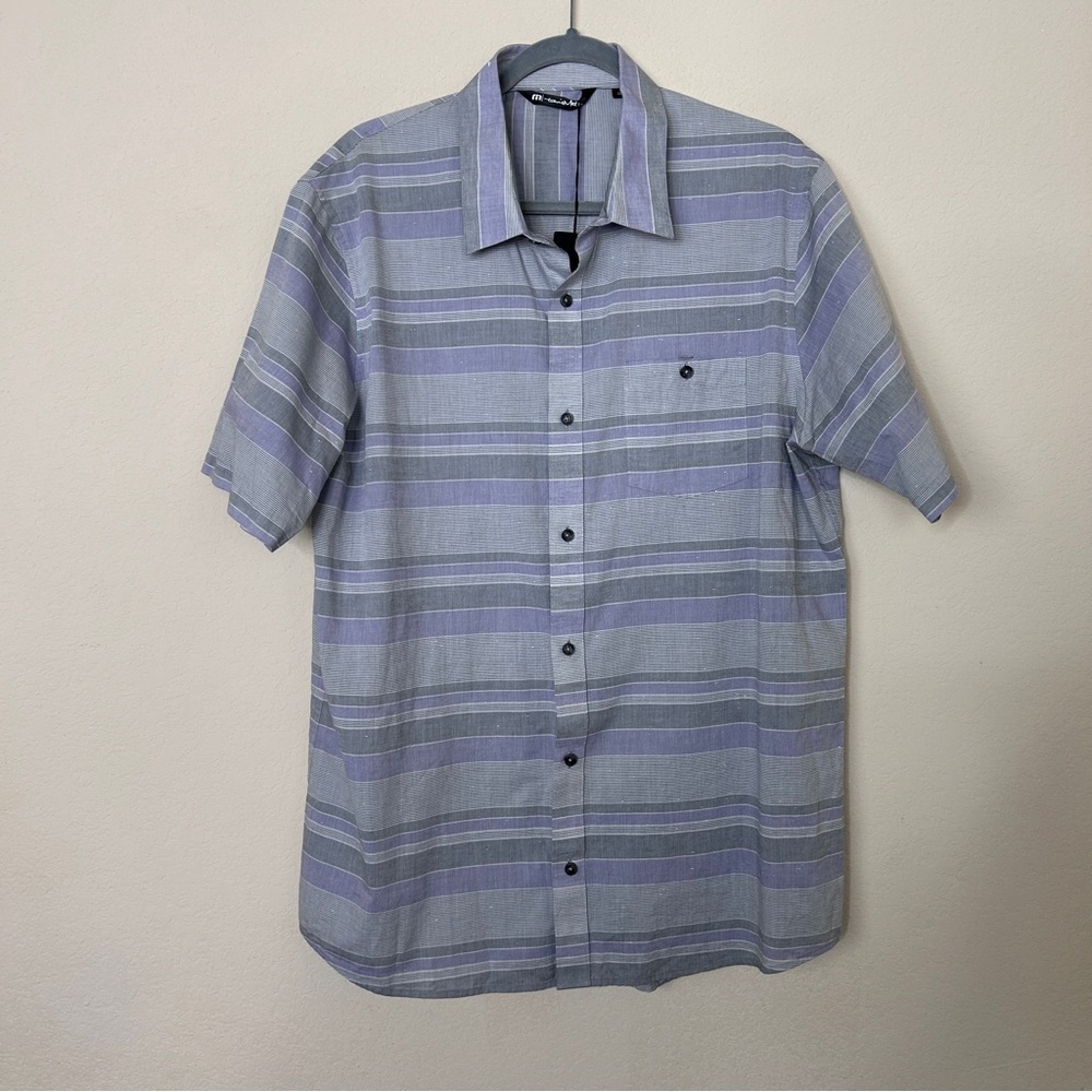 New with defect - Travis Mathew FIST BUMP Size XL Button Down Gray Striped - Picture 1 of 8